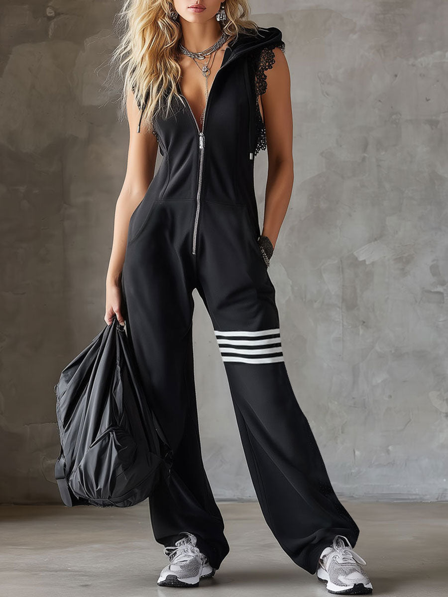 Daniela | Retro sporty jumpsuit with hood and stripes
